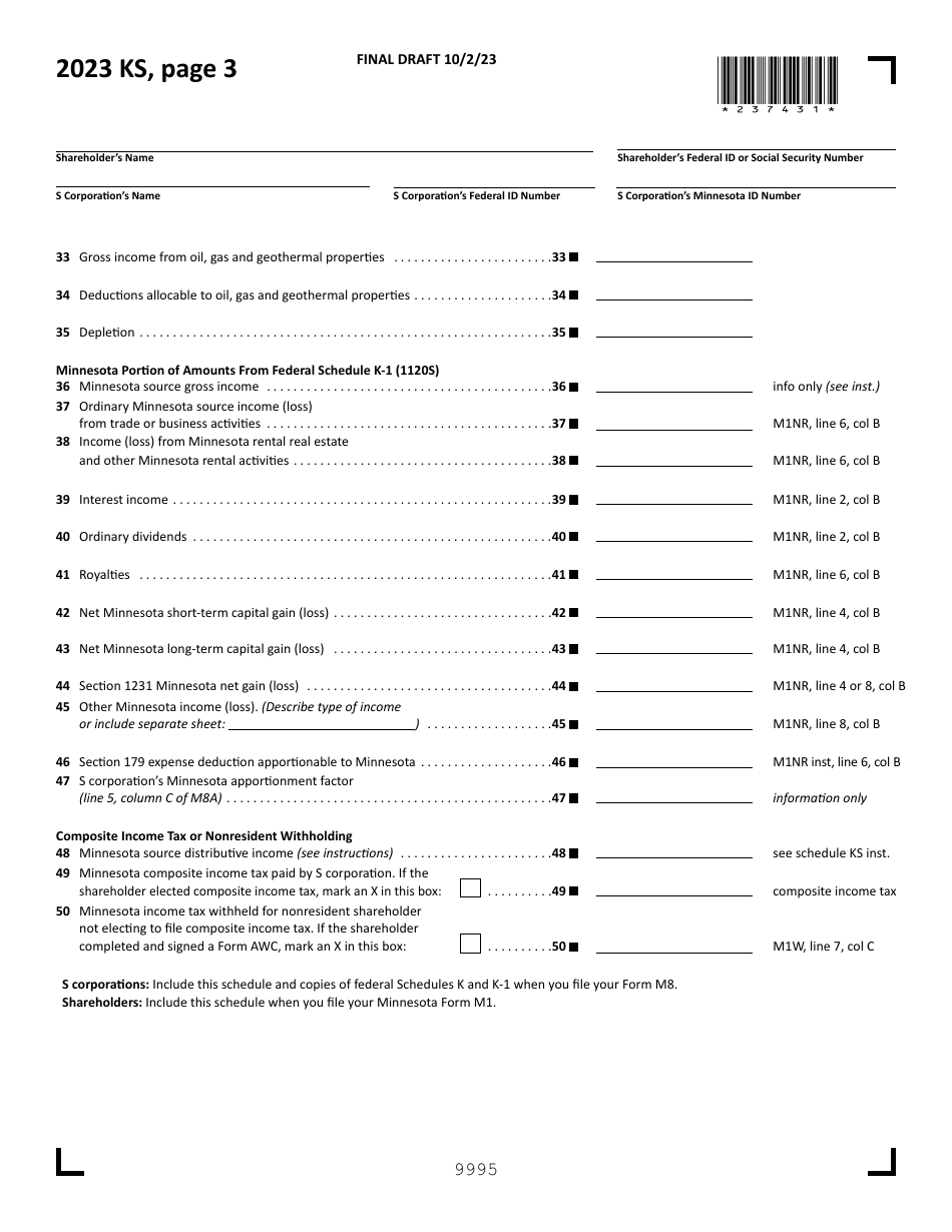 Form KS Shareholders Share of Income, Credits and Modifications - Draft - Minnesota, Page 3
