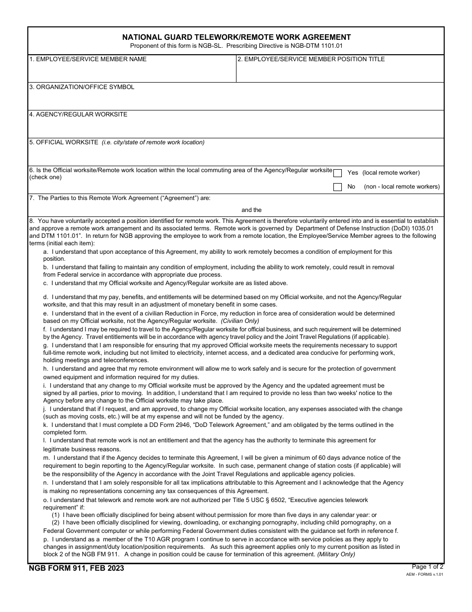 NGB Form 911 National Guard Telework / Remote Work Agreement, Page 1