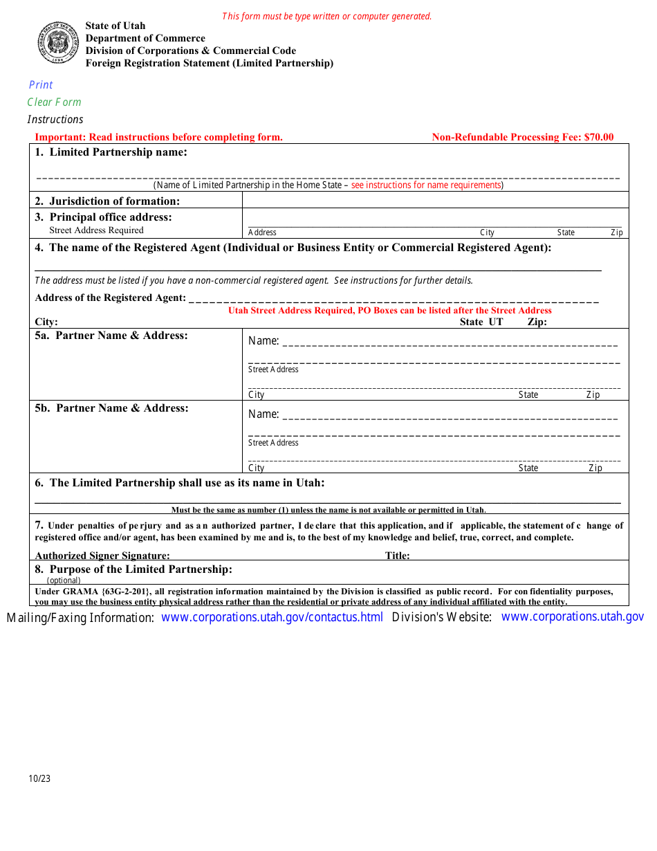 Foreign Registration Statement (Limited Partnership) - Utah, Page 1