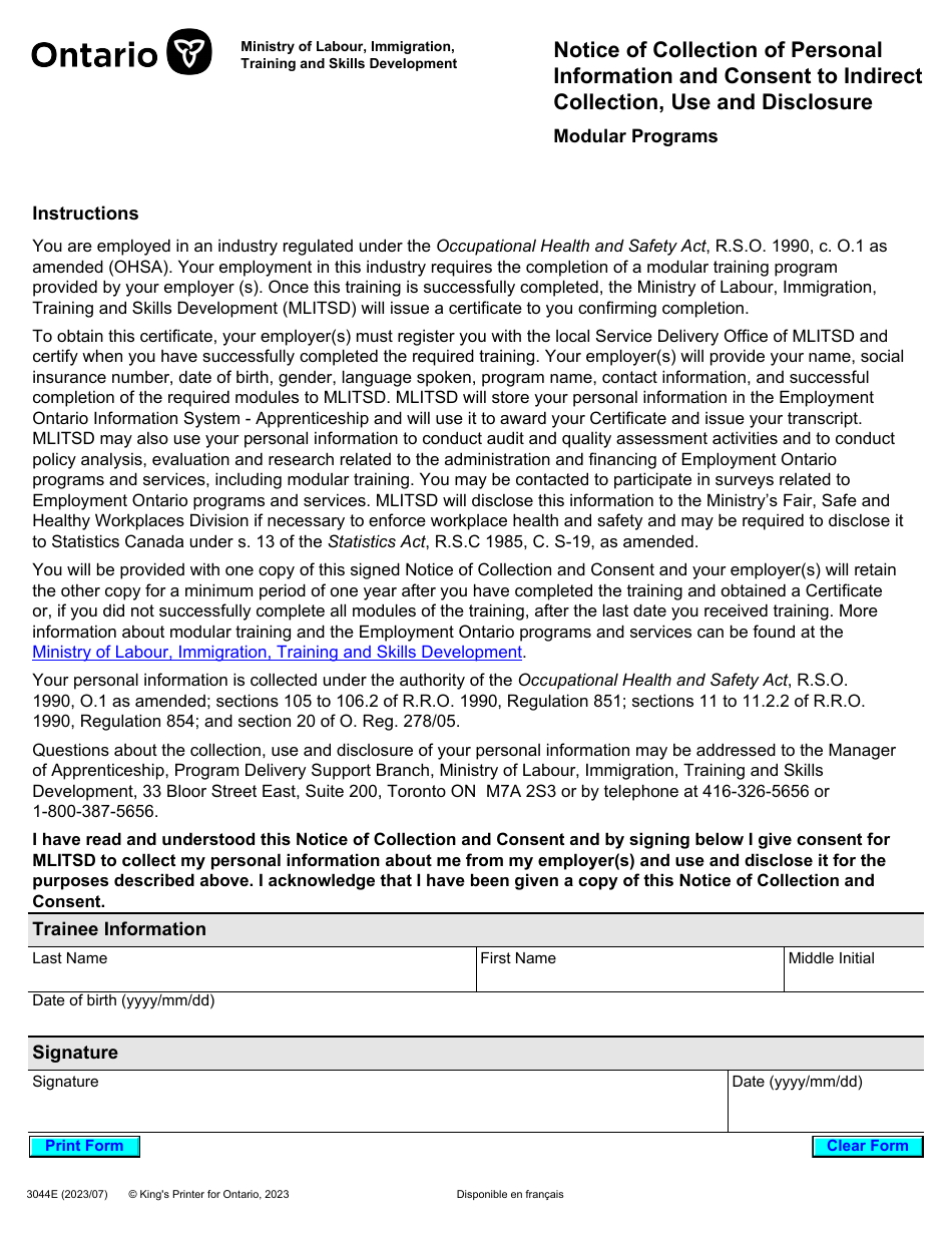 Form 3044E Notice of Collection of Personal Information and Consent to Indirect Collection, Use and Disclosure - Modular Programs - Ontario, Canada, Page 1