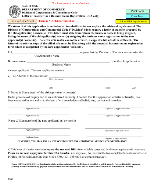 Letter of Transfer for a Business Name Registration (Dba Only) - Utah