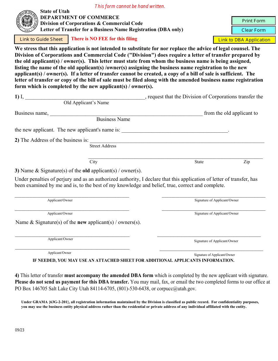 Utah Letter of Transfer for a Business Name Registration (Dba Only ...