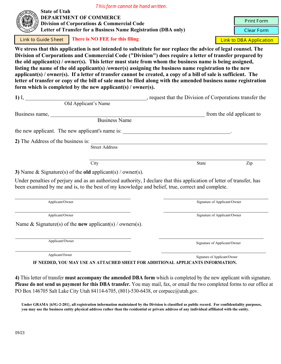 Letter of Transfer for a Business Name Registration (Dba Only) - Utah, Page 1