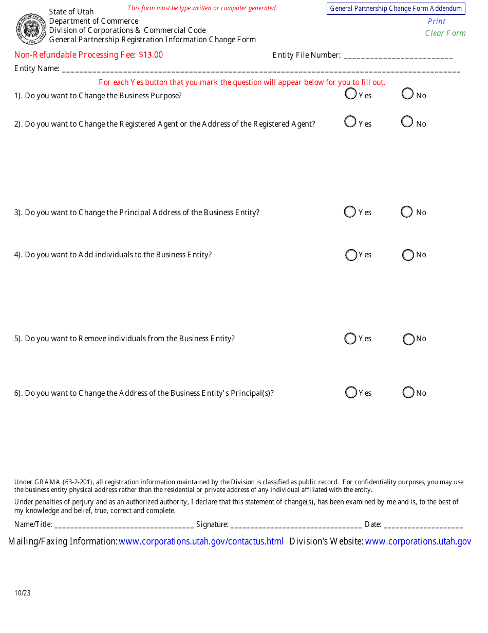 General Partnership Registration Information Change Form - Utah, Page 1