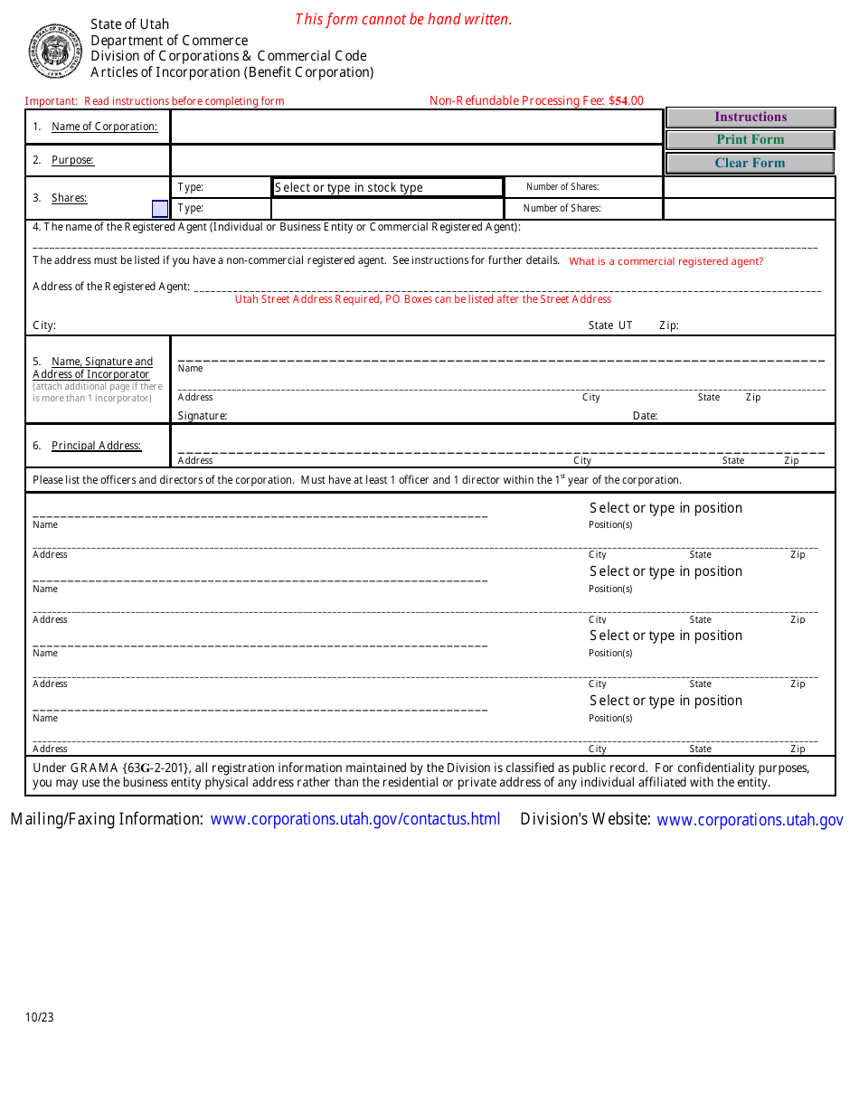 Articles of Incorporation (Benefit Corporation) - Utah, Page 1