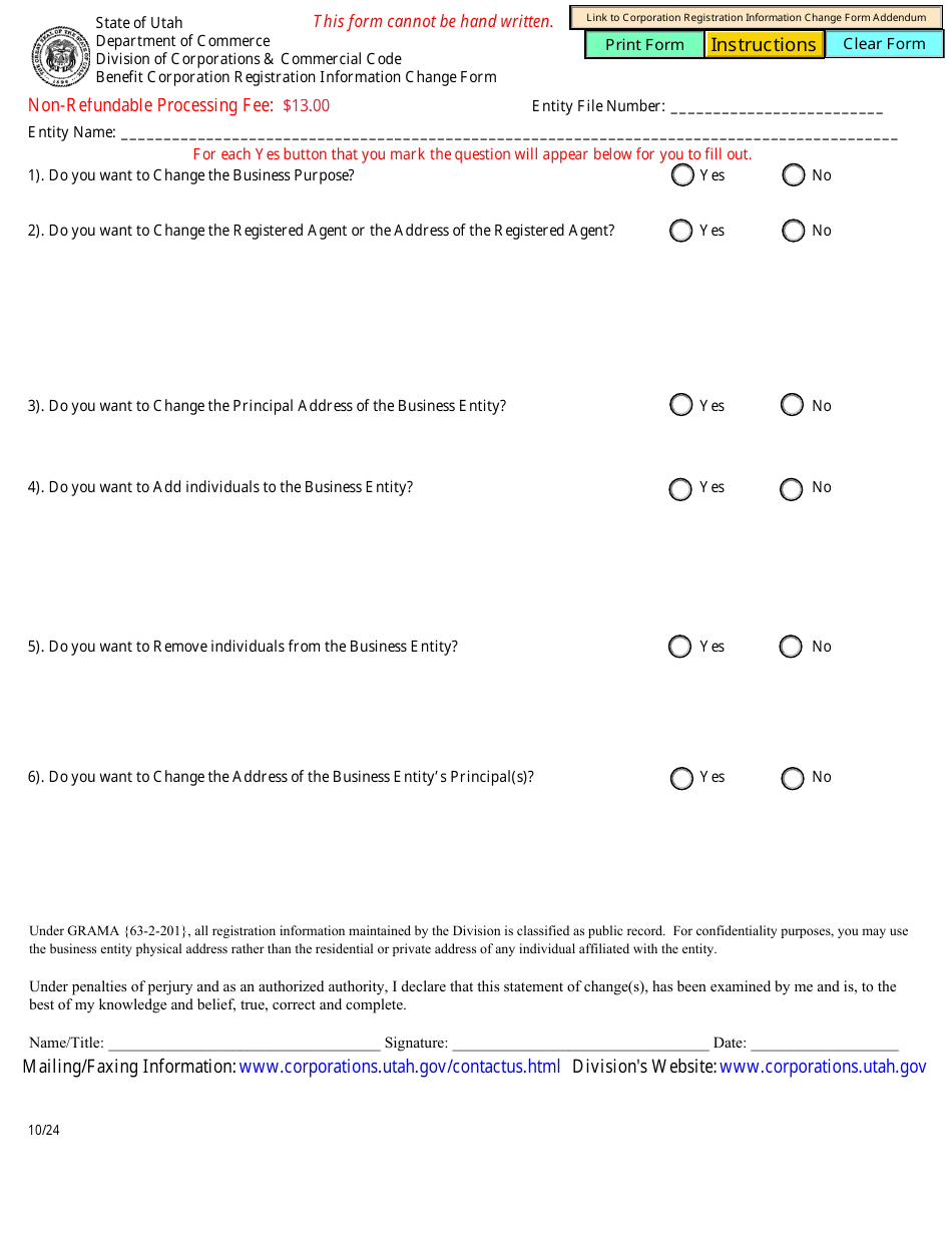 Benefit Corporation Registration Information Change Form - Utah, Page 1