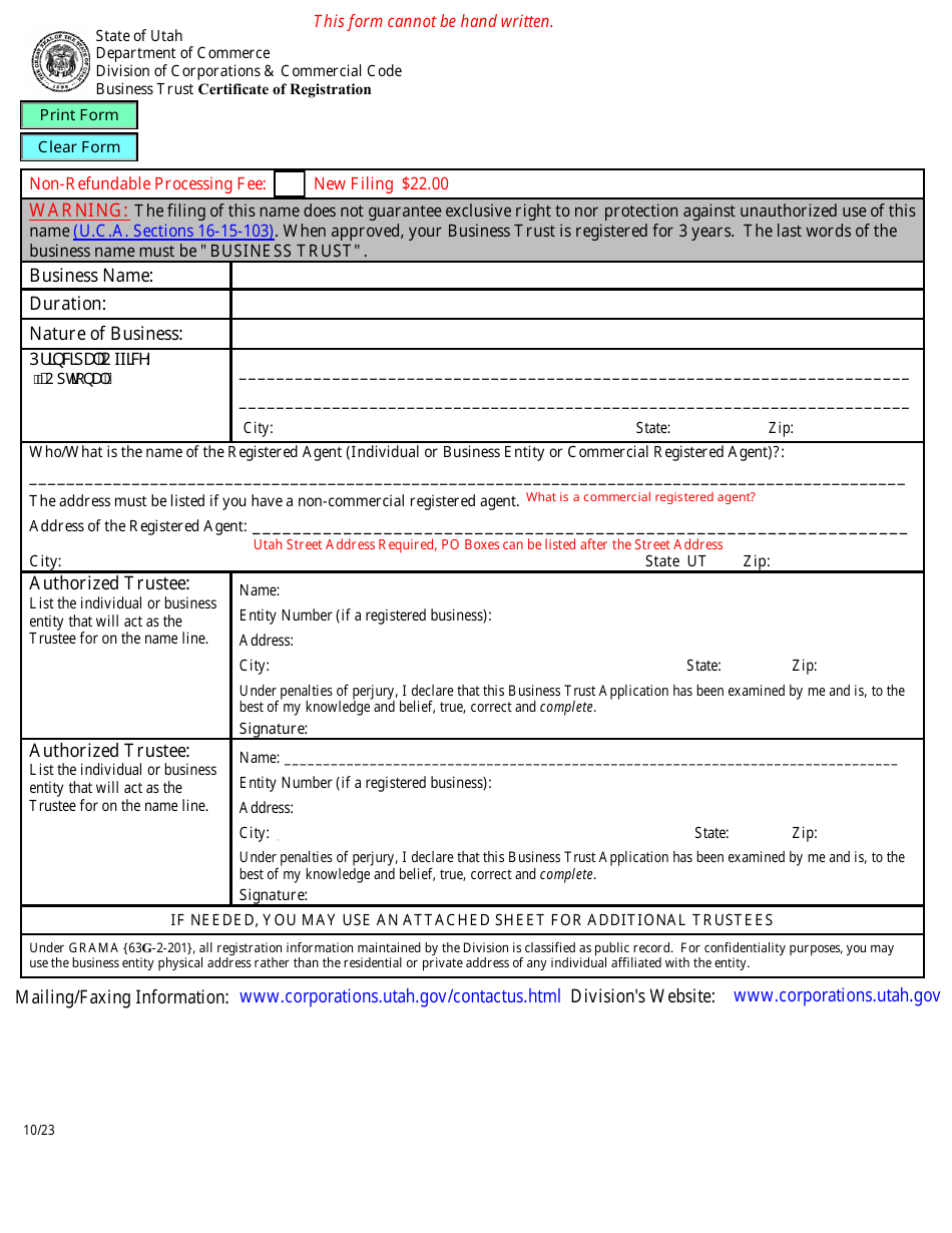 Business Trust Certificate of Registration - Utah, Page 1