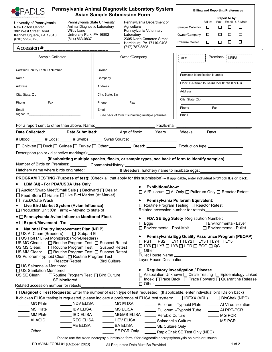 PD AVIAN Form 01 Pennsylvania Animal Diagnostic Laboratory System Avian Sample Submission Form - Pennsylvania, Page 1