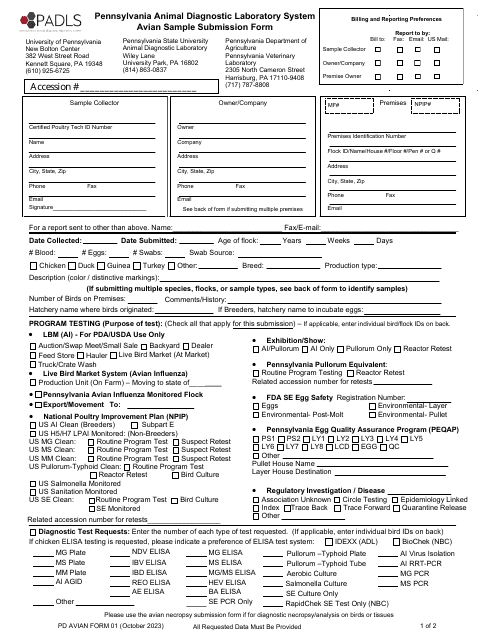 PD AVIAN Form 01 Pennsylvania Animal Diagnostic Laboratory System Avian Sample Submission Form - Pennsylvania