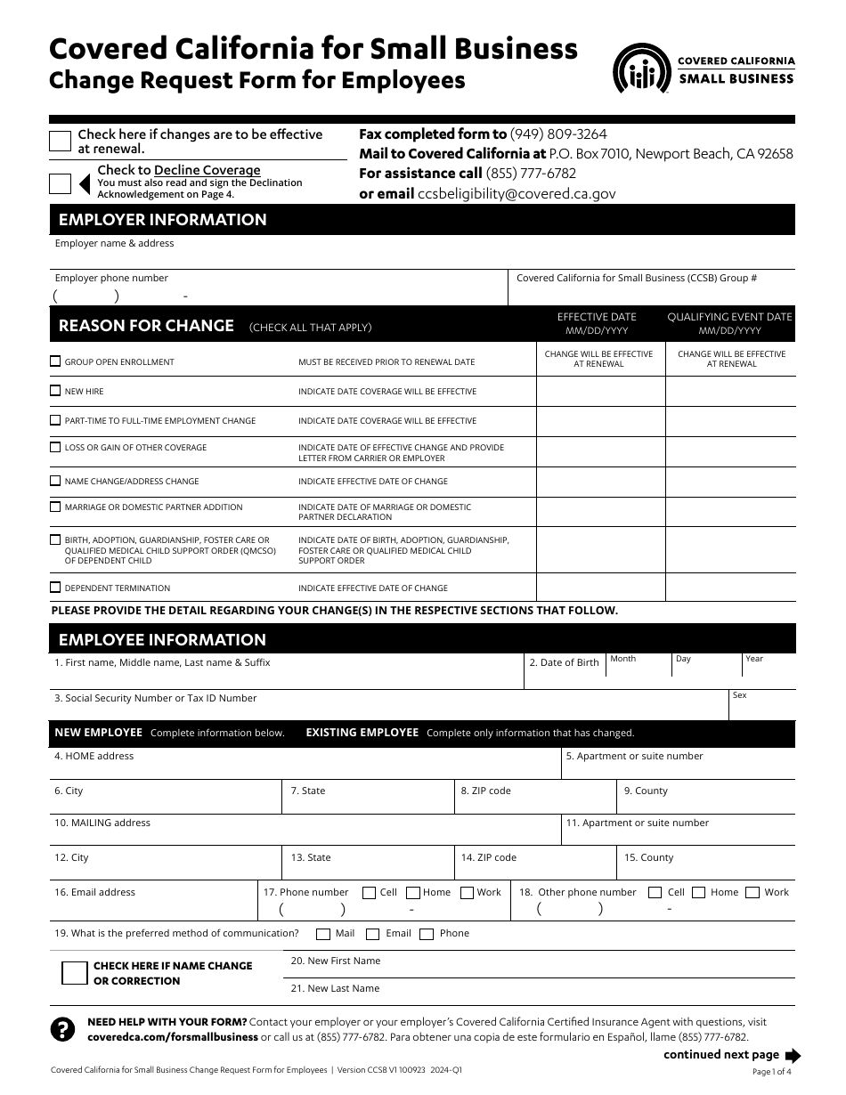 Change Request Form for Employees - Covered California for Small Business - California, Page 1