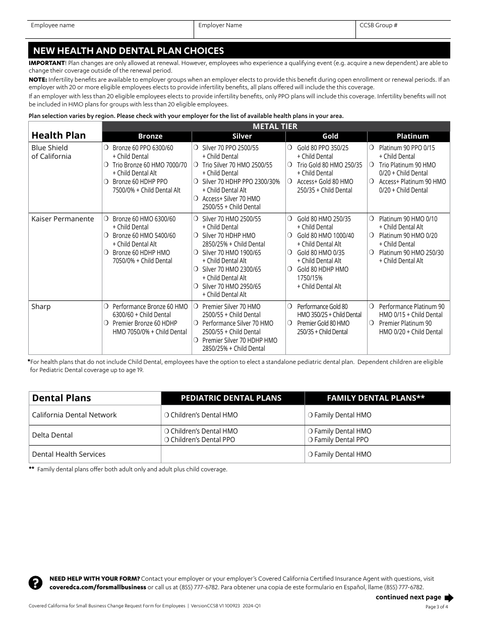 Change Request Form for Employees - Covered California for Small Business - California, Page 3