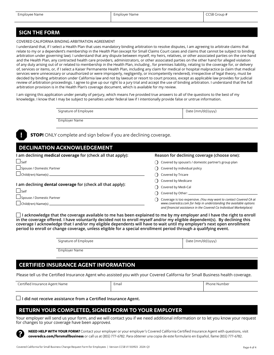 Change Request Form for Employees - Covered California for Small Business - California, Page 4