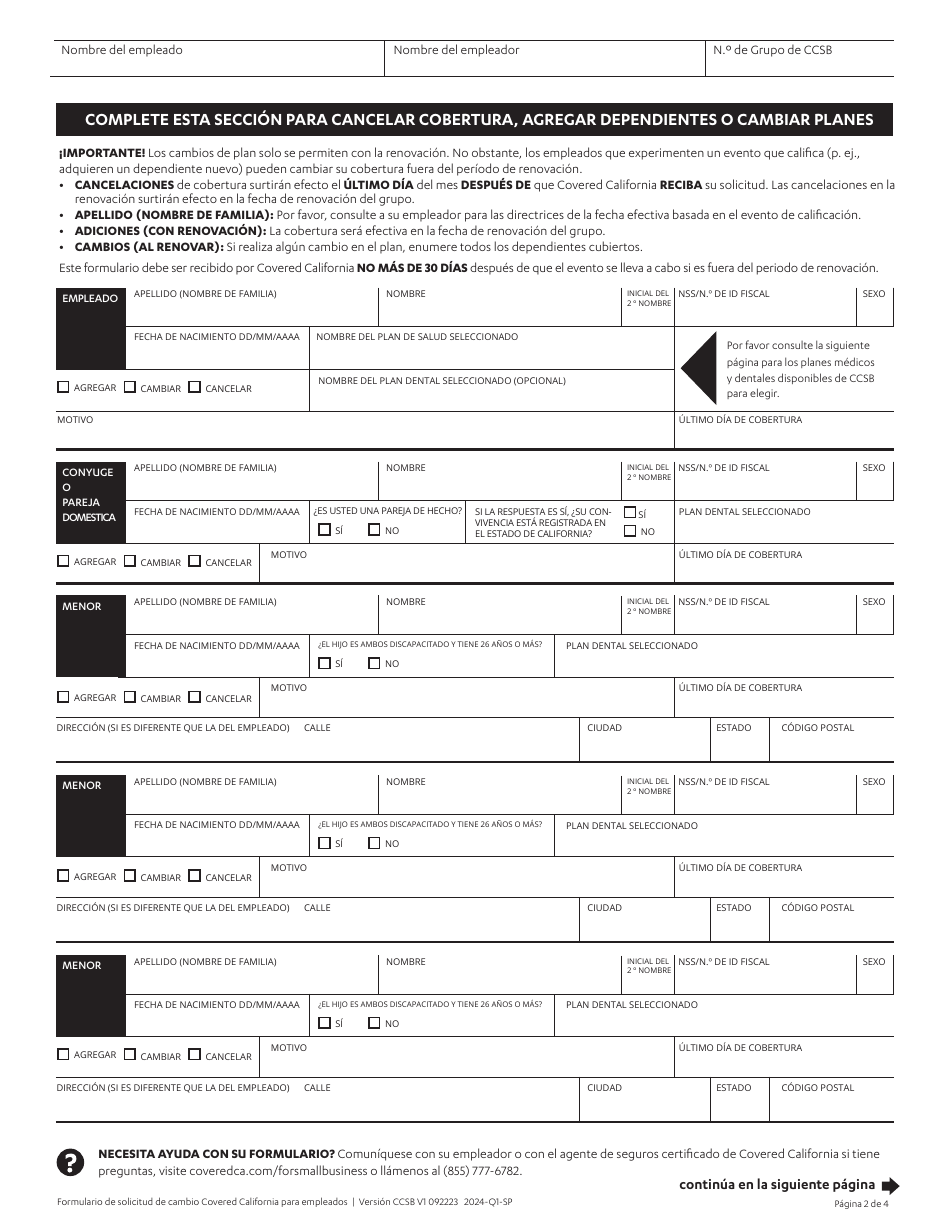 Formulario De Solicitud De Cambio Para Los Empleados - Covered California Para Pequenas Empresas - California (Spanish), Page 2