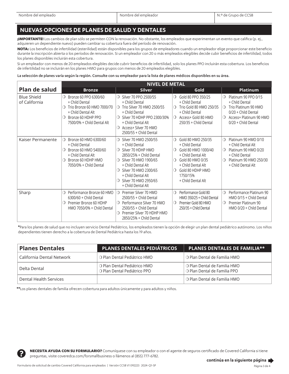 Formulario De Solicitud De Cambio Para Los Empleados - Covered California Para Pequenas Empresas - California (Spanish), Page 3