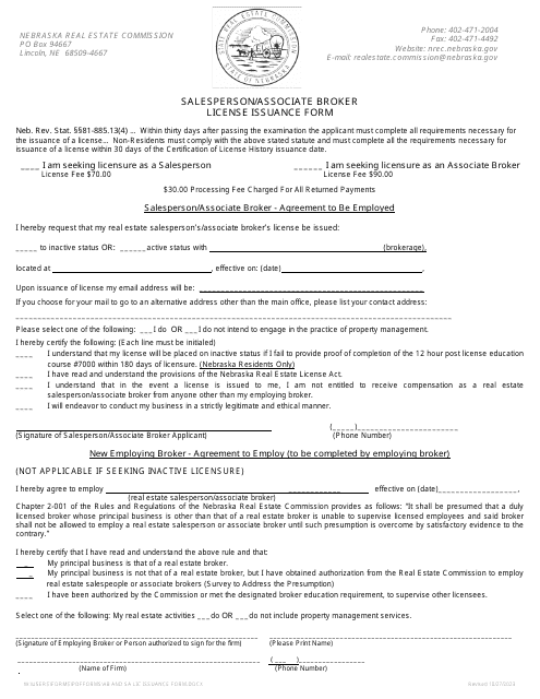 Salesperson/Associate Broker License Issuance Form - Nebraska