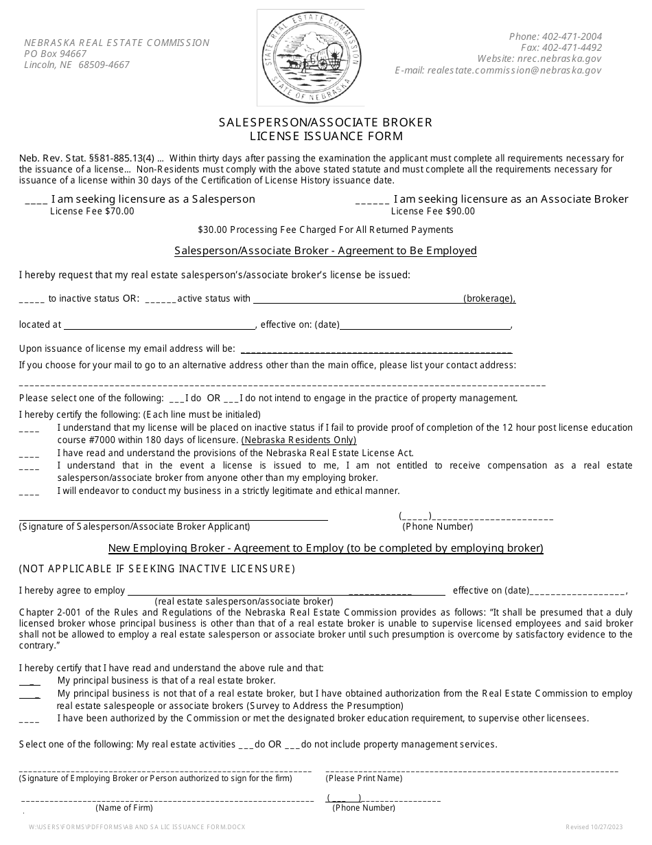 Nebraska Salesperson/Associate Broker License Issuance Form Download