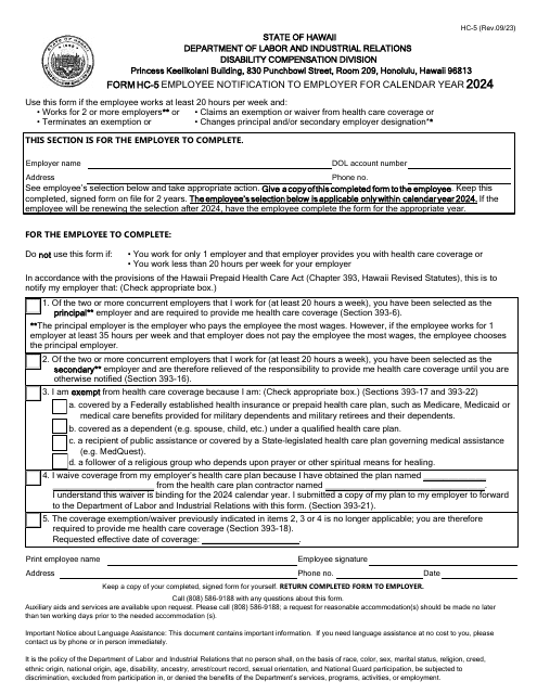 Form HC-5 Employee Notification to Employer - Hawaii, 2024