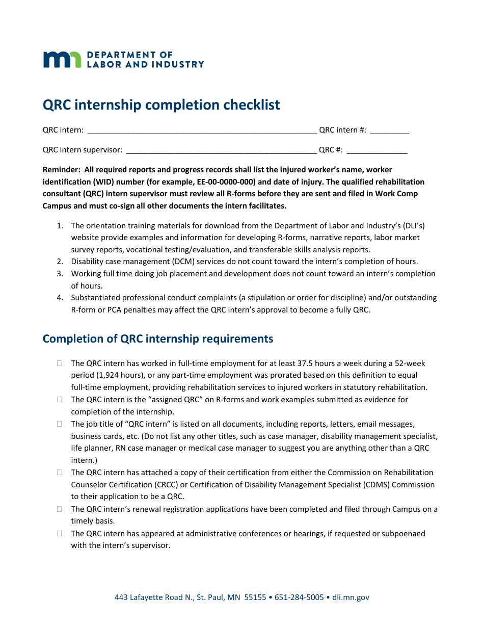 Qrc Internship Completion Checklist - Minnesota, Page 1