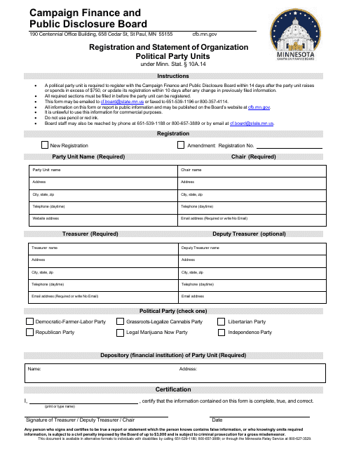 Registration and Statement of Organization Political Party Units - Minnesota Download Pdf