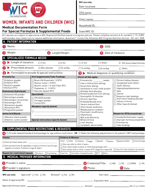 Form WIC-51 Medical Documentation Form for Special Formulas & Supplemental Foods - Women, Infants and Children (Wic) - Arkansas