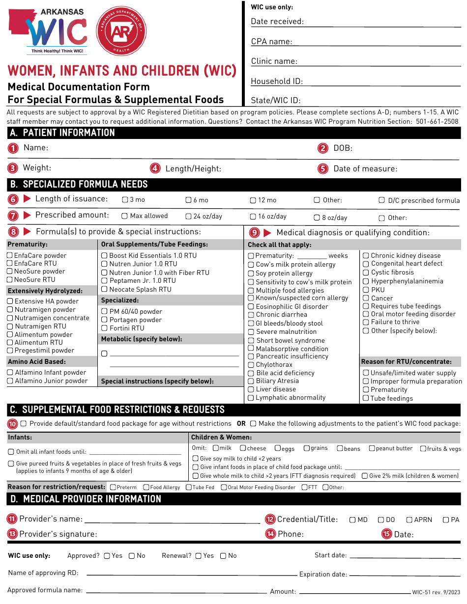 Form WIC-51 Medical Documentation Form for Special Formulas  Supplemental Foods - Women, Infants and Children (Wic) - Arkansas, Page 1