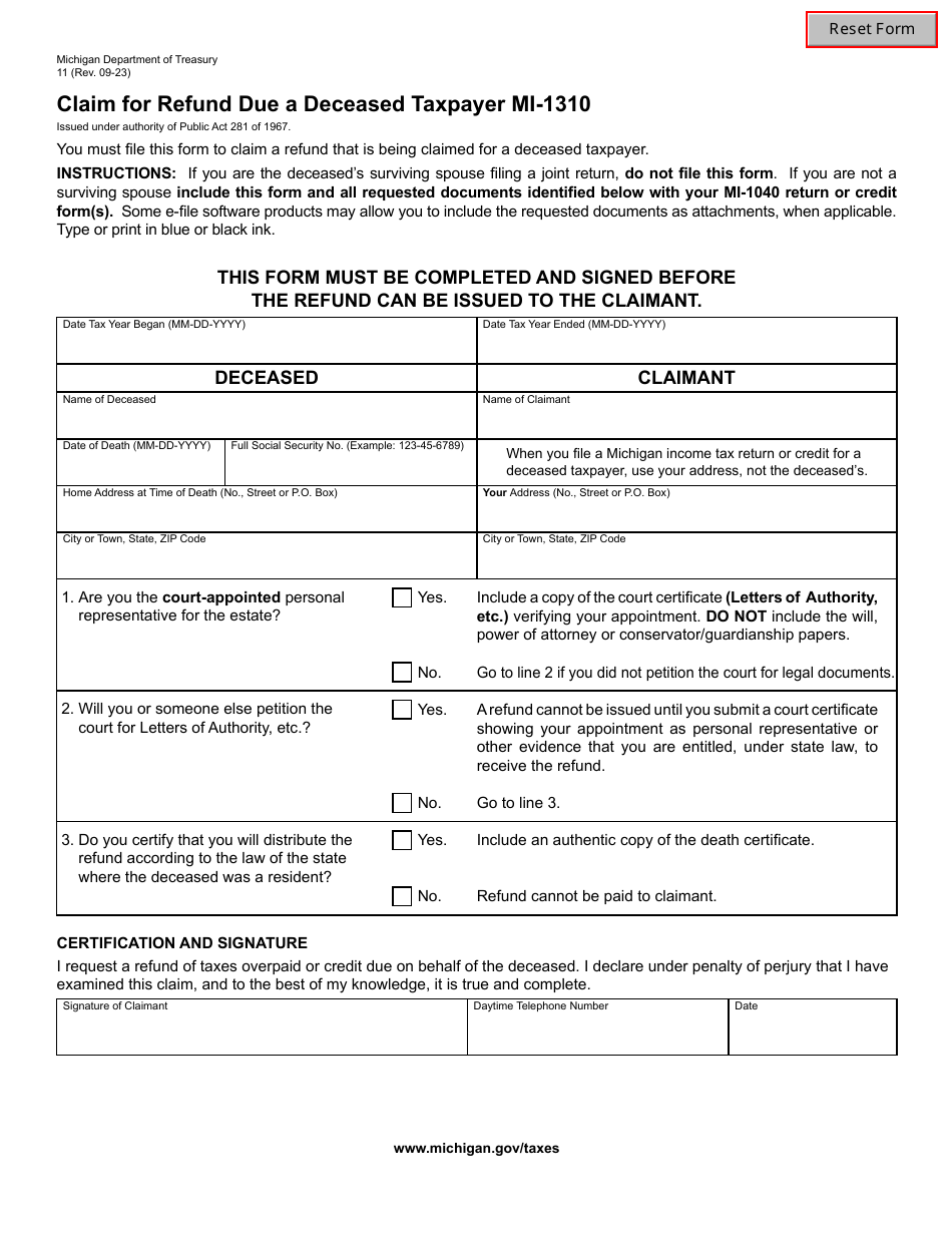 Form MI-1310 (11) Claim for Refund Due a Deceased Taxpayer - Michigan, Page 1