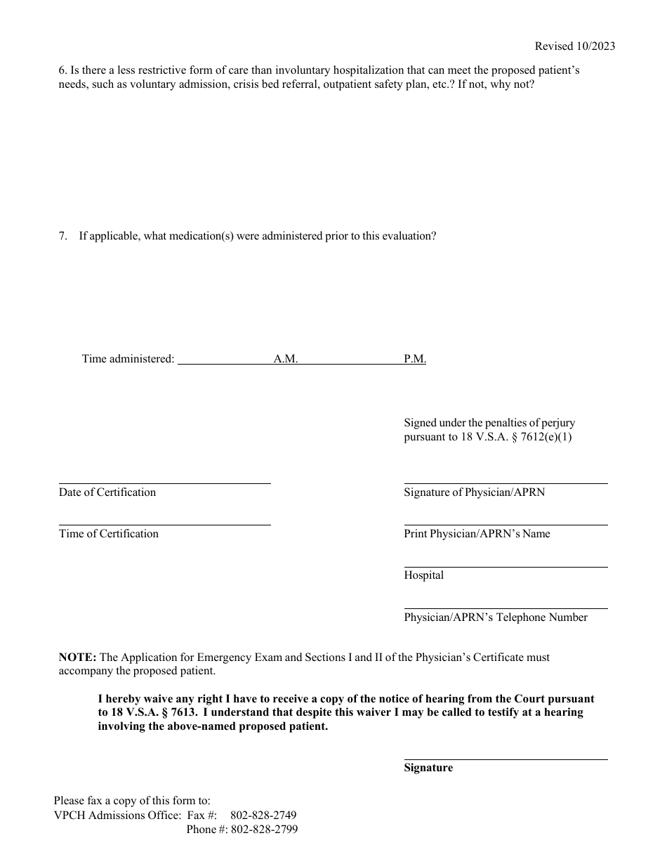 Physicians Certificate Emergency Exam - Vermont, Page 3