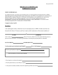 Document preview: Physician's Certificate Emergency Exam - Vermont