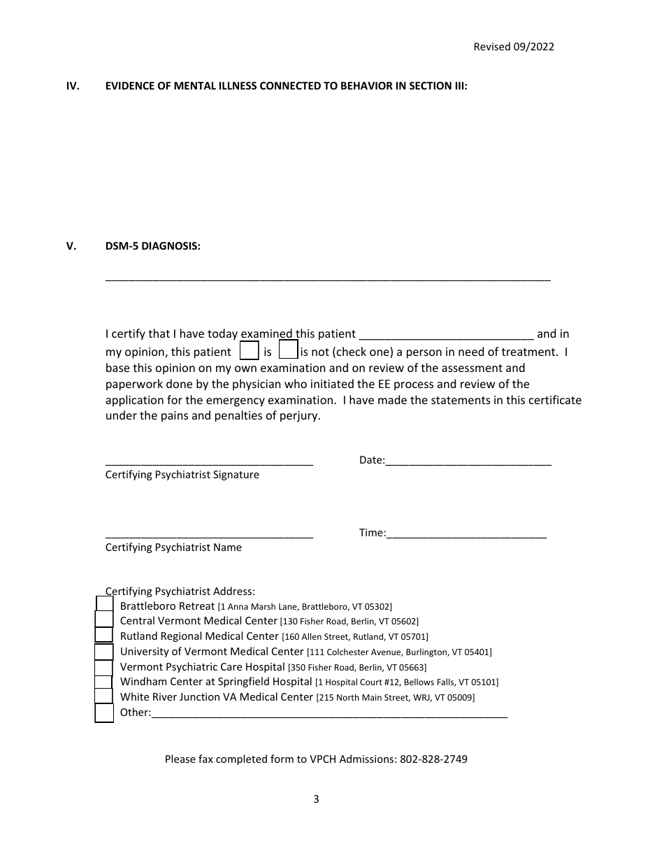 Second Certification by a Psychiatrist - Vermont, Page 3