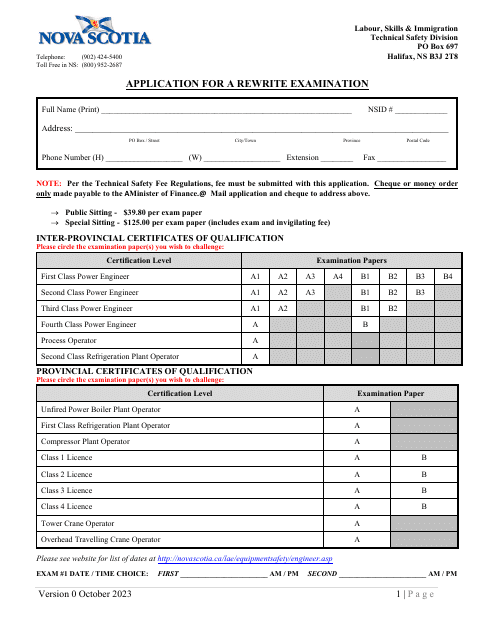 Application for a Rewrite Examination - Nova Scotia, Canada Download Pdf