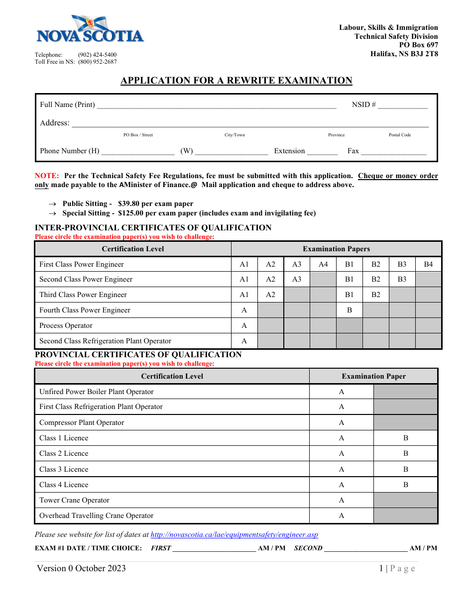 Nova Scotia Canada Application for a Rewrite Examination Download