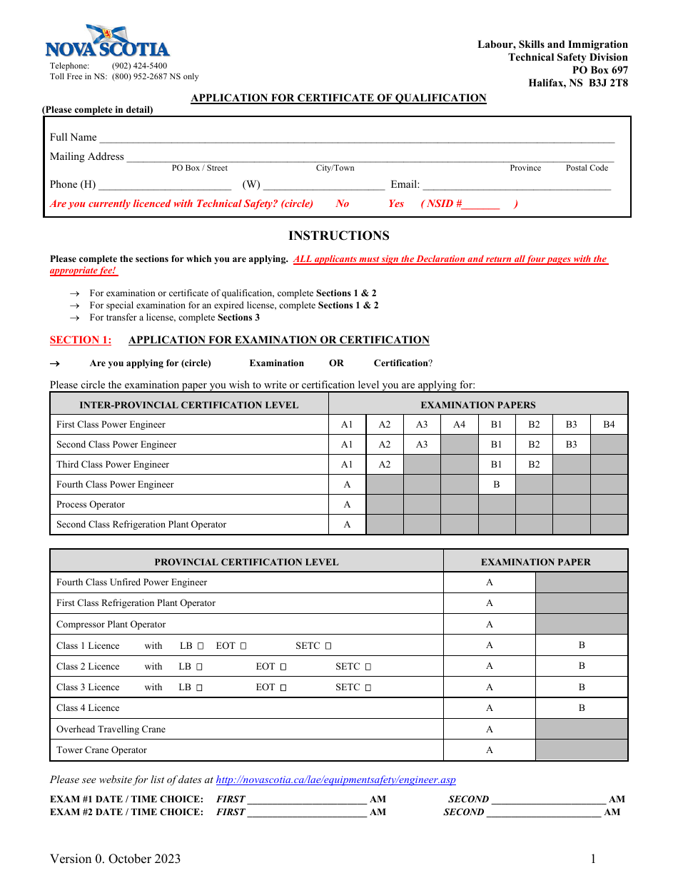 Application for Certificate of Qualification - Nova Scotia, Canada, Page 1