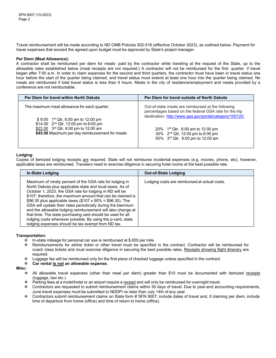 Form SFN9007 Expense Claim for Nondepartment Employees - North Dakota, Page 2
