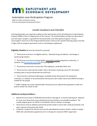 Document preview: Lender Guidance and Checklist - Automation Loan Participation Program - Minnesota