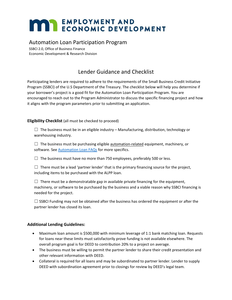 Lender Guidance and Checklist - Automation Loan Participation Program - Minnesota, Page 1