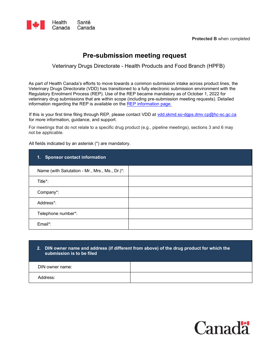 Pre-submission Meeting Request - Veterinary Drugs Directorate - Health Products and Food Branch (Hpfb) - Canada, Page 1
