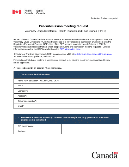 Pre-submission Meeting Request - Veterinary Drugs Directorate - Health Products and Food Branch (Hpfb) - Canada Download Pdf