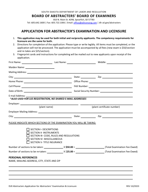 Application for Abstracter's Examination and Licensure - South Dakota Download Pdf
