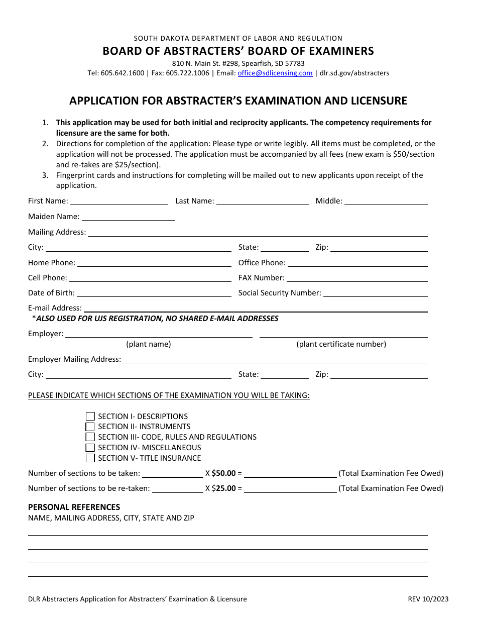South Dakota Application for Abstracter's Examination and Licensure