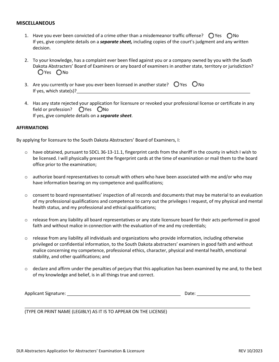 Application for Abstracters Examination and Licensure - South Dakota, Page 2