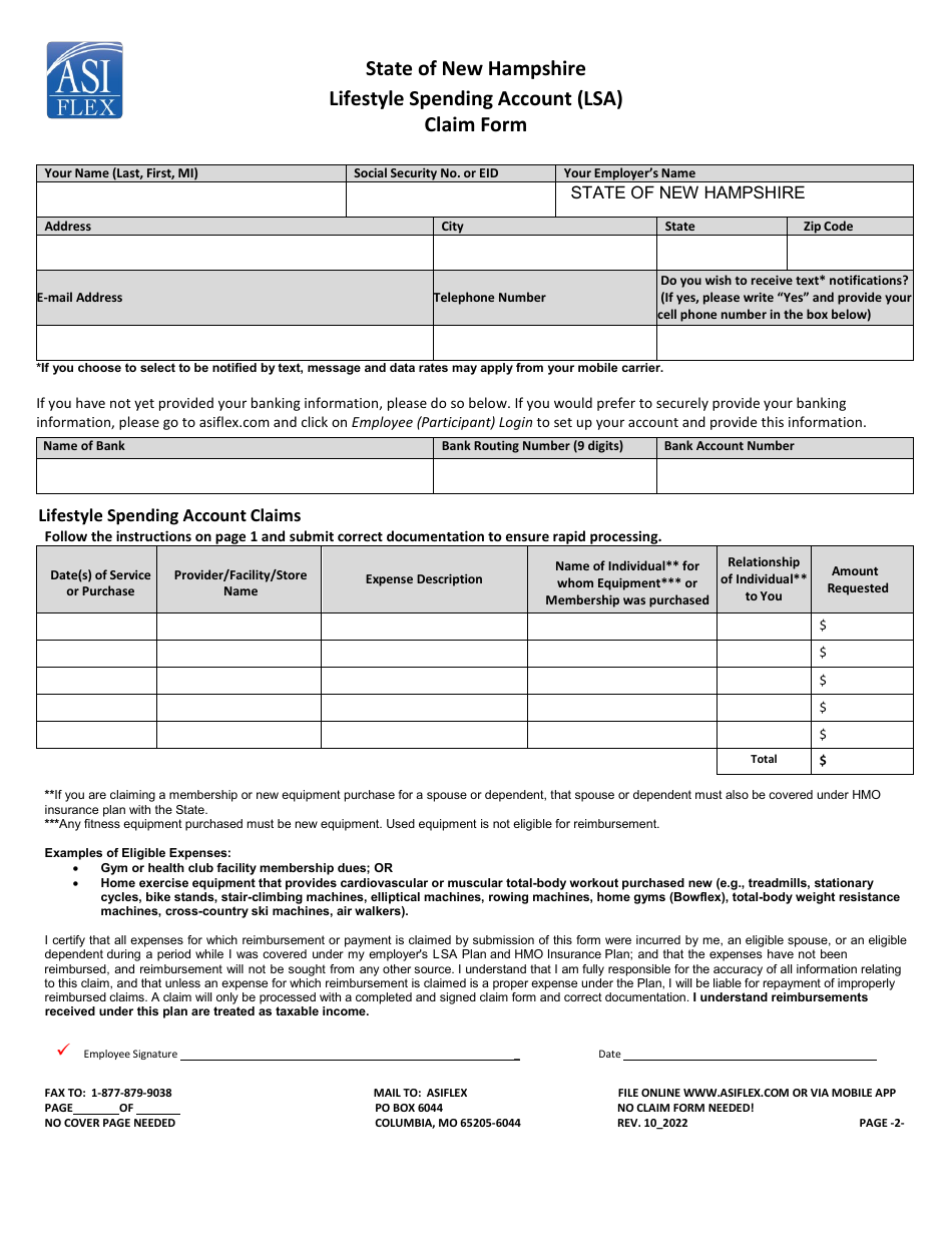 Lifestyle Spending Account (Lsa) Claim Form - Asiflex - New Hampshire, Page 2