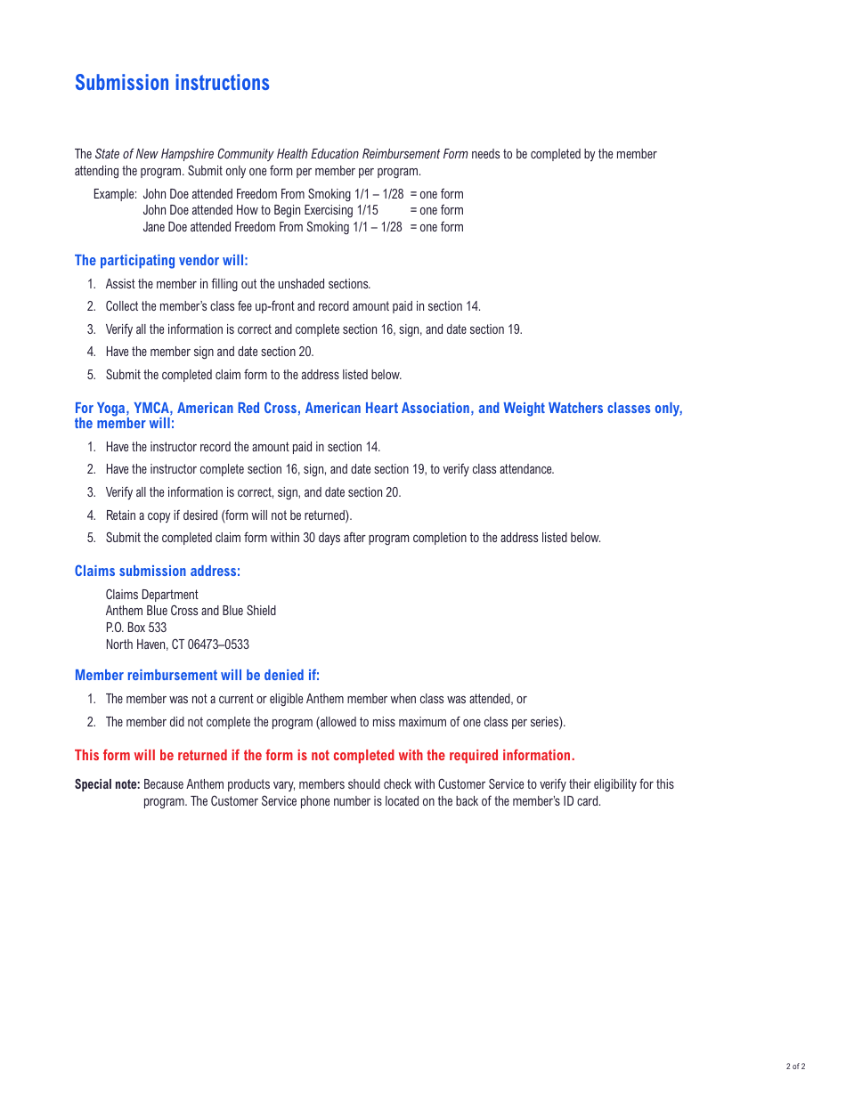 Reimbursement Form - Community Health Education Reimbursement Program (Cherp) - Anthem - New Hampshire, Page 2