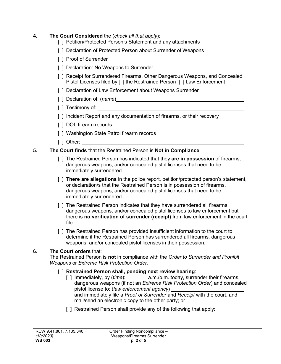Form WS003 Order Finding Noncompliance - Weapons / Firearms Surrender - Washington, Page 2