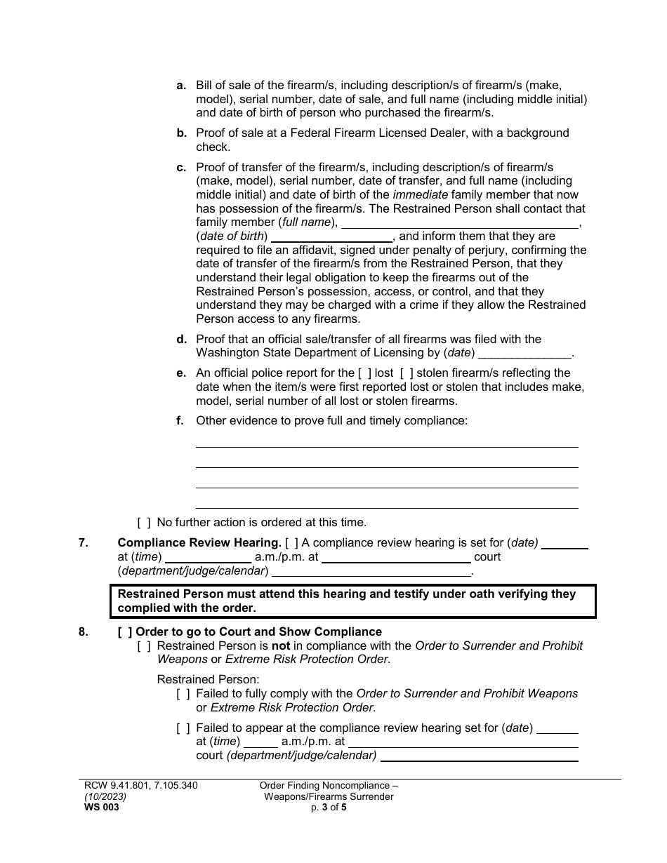 Form WS003 Order Finding Noncompliance - Weapons / Firearms Surrender - Washington, Page 3
