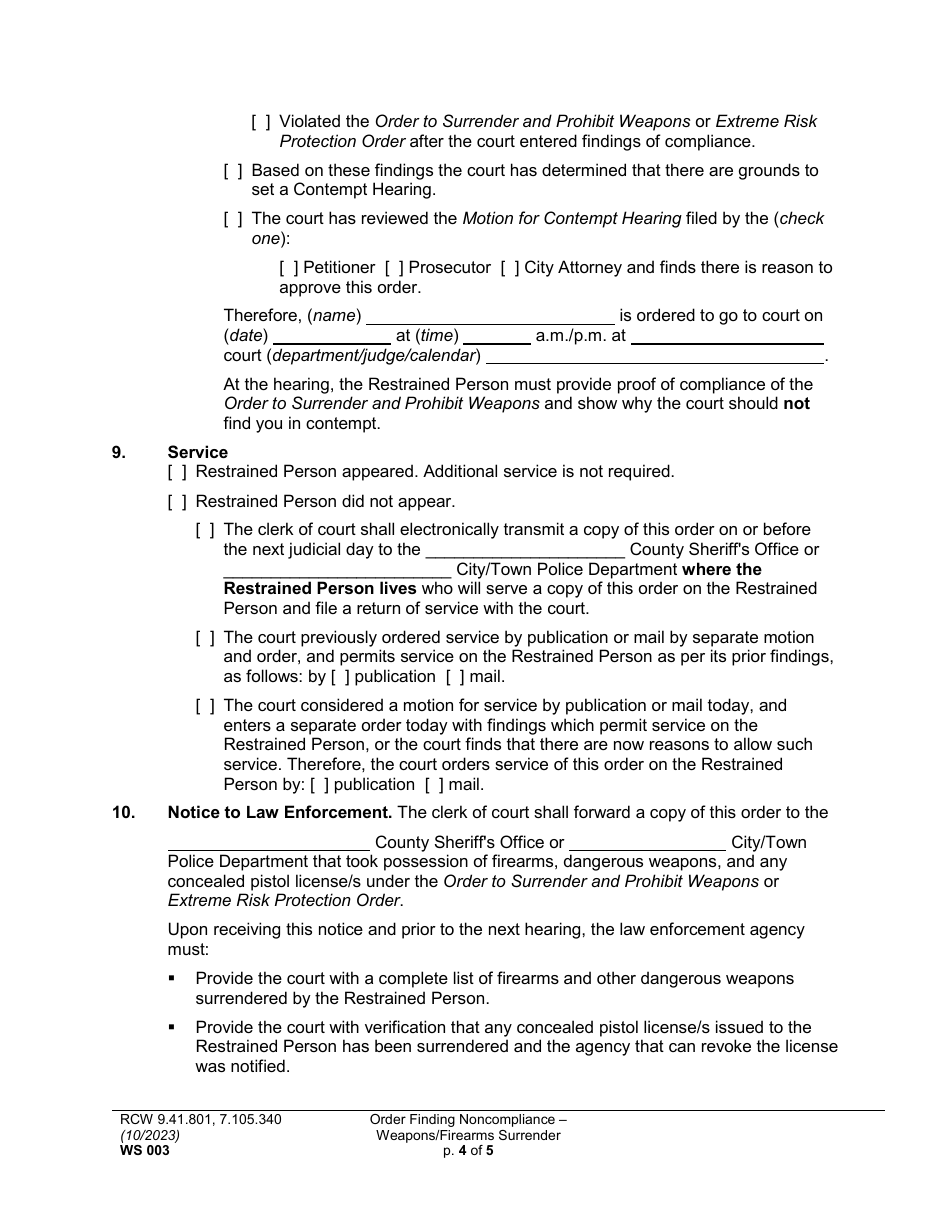 Form WS003 Order Finding Noncompliance - Weapons / Firearms Surrender - Washington, Page 4