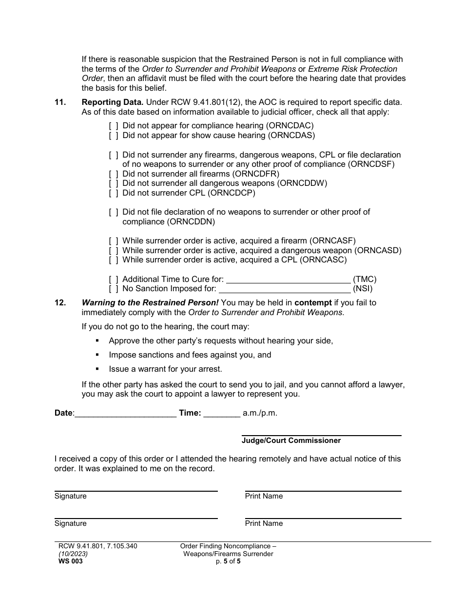 Form WS003 Order Finding Noncompliance - Weapons / Firearms Surrender - Washington, Page 5