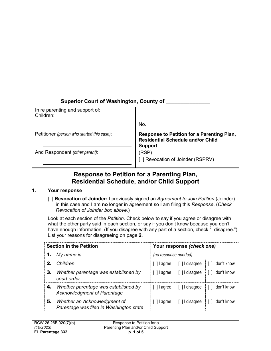 Form FL Parentage332 Response to Petition for a Parenting Plan, Residential Schedule, and / or Child Support - Washington, Page 1