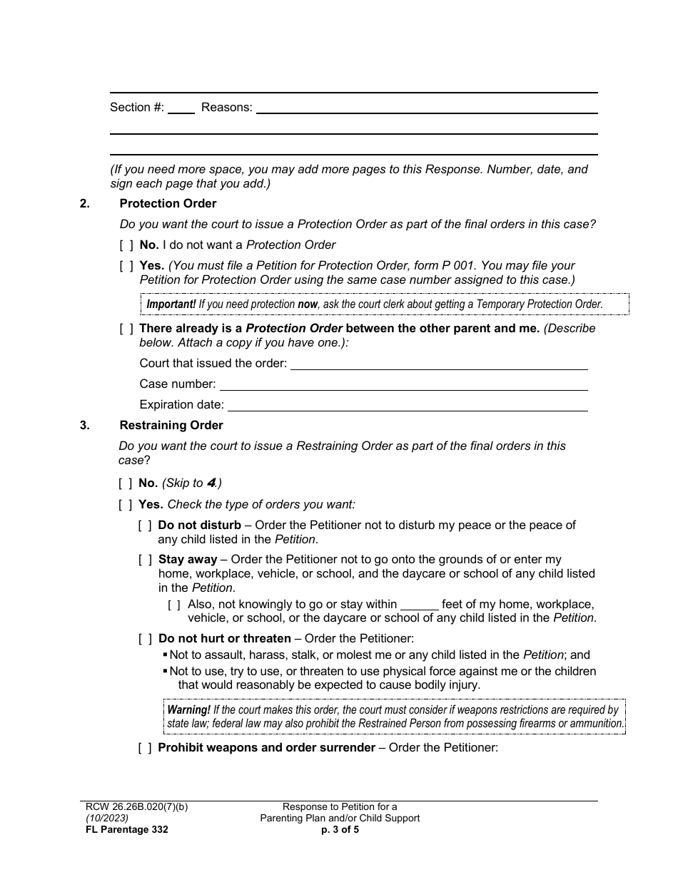 Form FL Parentage332 Response to Petition for a Parenting Plan, Residential Schedule, and / or Child Support - Washington, Page 3