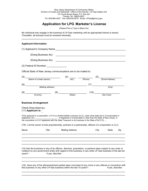 Form L1 Application for Lpg Marketer's License - New Jersey