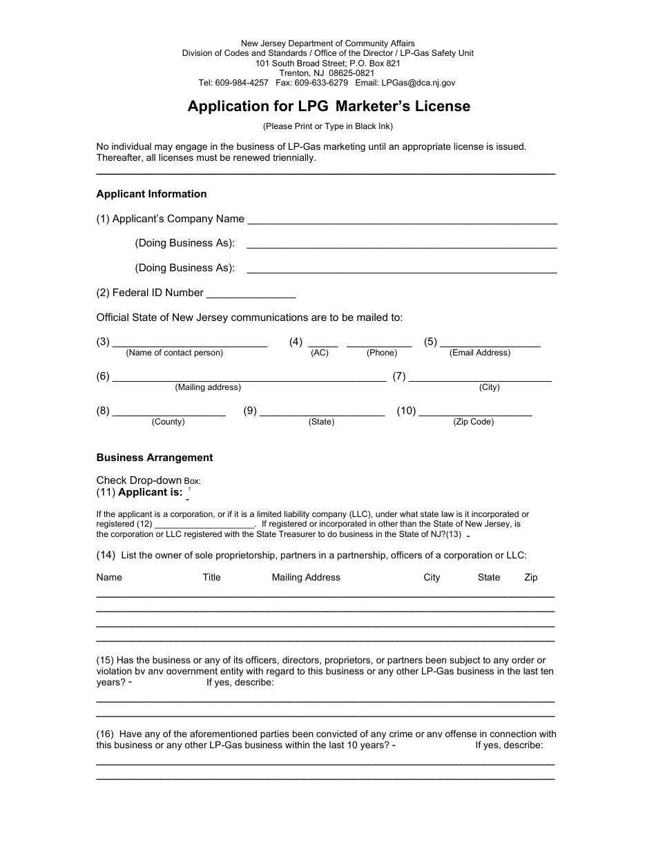 Form L1 Application for Lpg Marketers License - New Jersey, Page 1